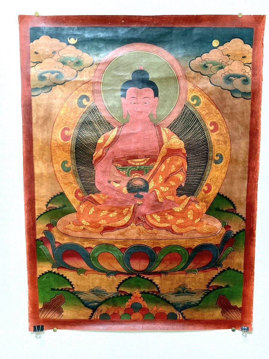 チベット　タンカ　肉筆　絹本　阿弥陀如来　マイトレーヤー　仏教美術　仏画 仏教　密教