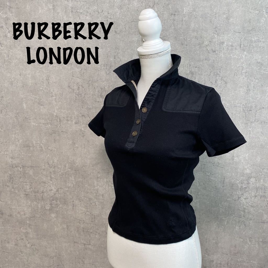 美品 バーバリーロンドン ポロシャツ スキッパー 襟付き 半袖シャツ ブラック サイズ1 ボタン BURBERRY LONDON リブ 綿100% ゴルフウェアの画像1