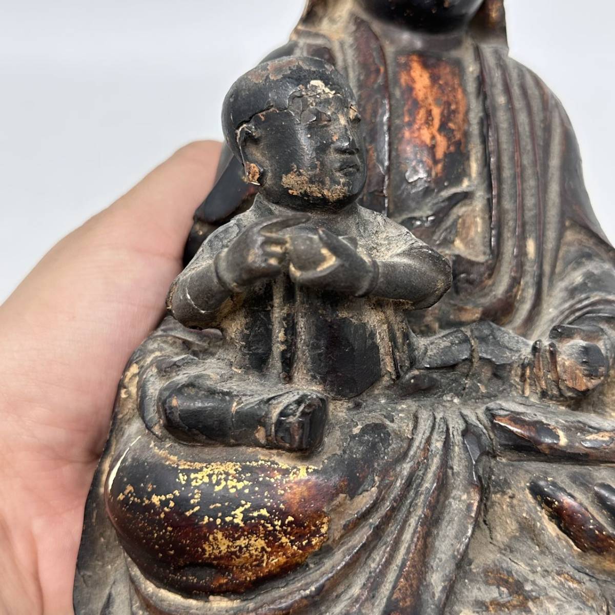 時代物 旧家整理品 清朝期 唐木雕 漆金 觀音菩薩坐像 古物保証 傷有