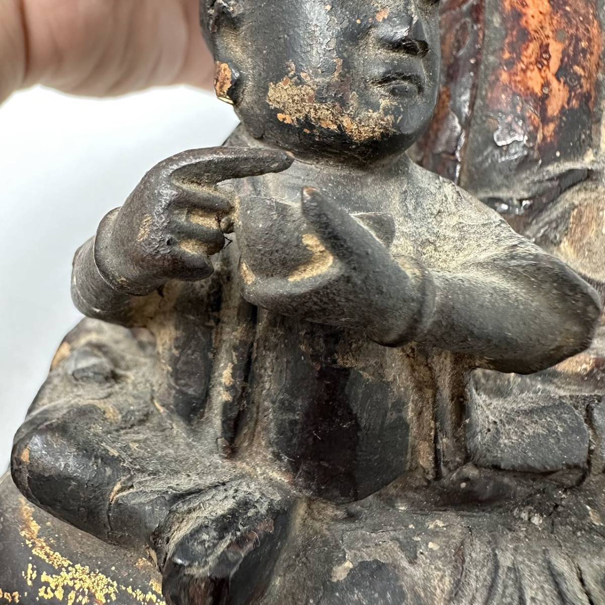 時代物 旧家整理品 清朝期 唐木雕 漆金 觀音菩薩坐像 古物保証 傷有