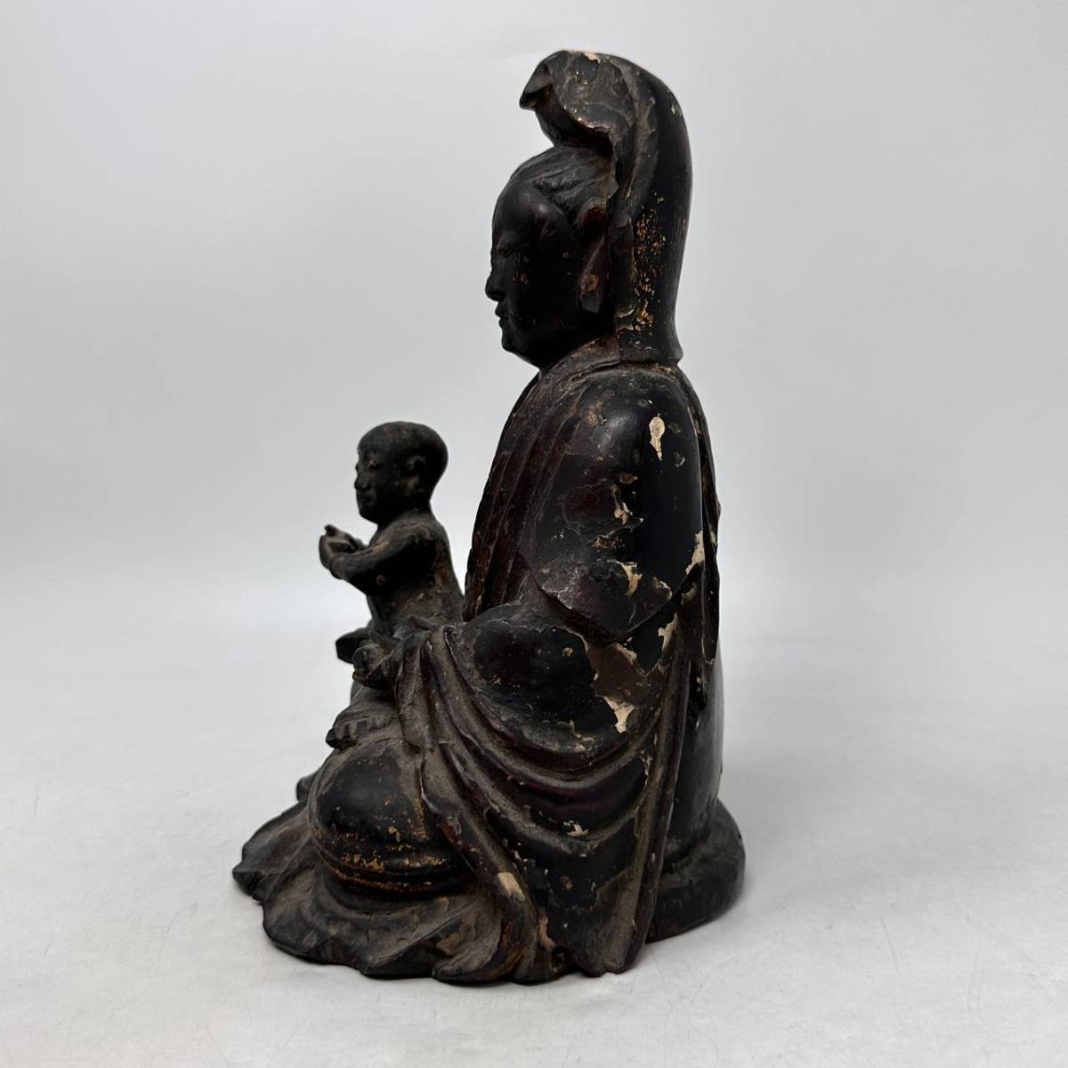 時代物 旧家整理品 清朝期 唐木雕 漆金 觀音菩薩坐像 古物保証 傷有