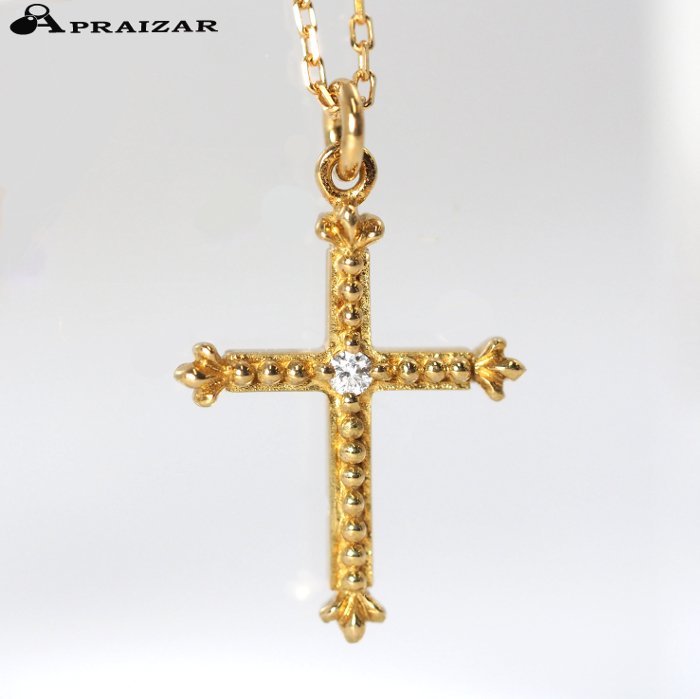  letter pack post service OK AHKAH Ahkah 750 K18 yellow gold one bead diamond k Leo Cross necklace [48402]