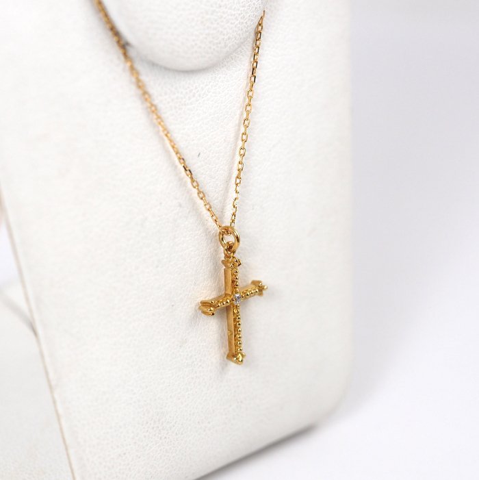  letter pack post service OK AHKAH Ahkah 750 K18 yellow gold one bead diamond k Leo Cross necklace [48402]