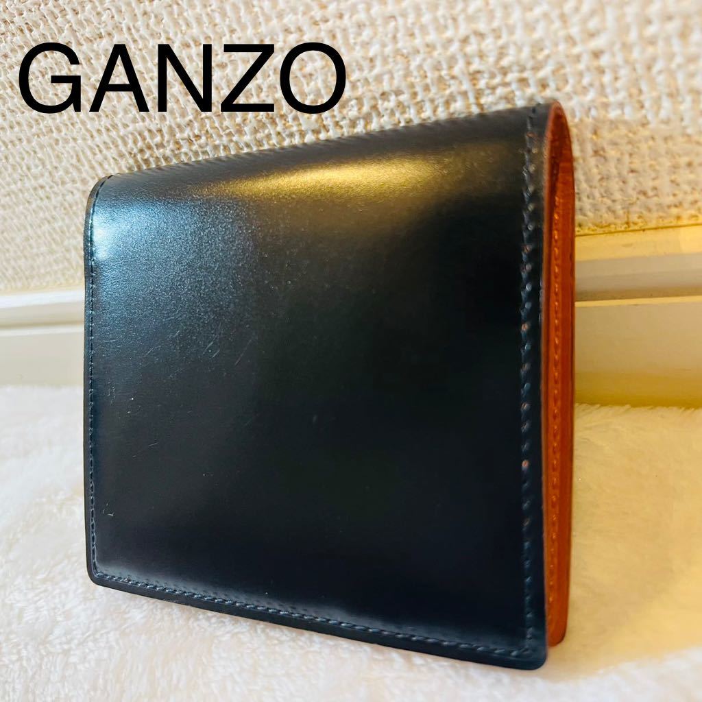 人気 ネイビー コードバン二つ折り財布 ガンゾ 未使用に近い