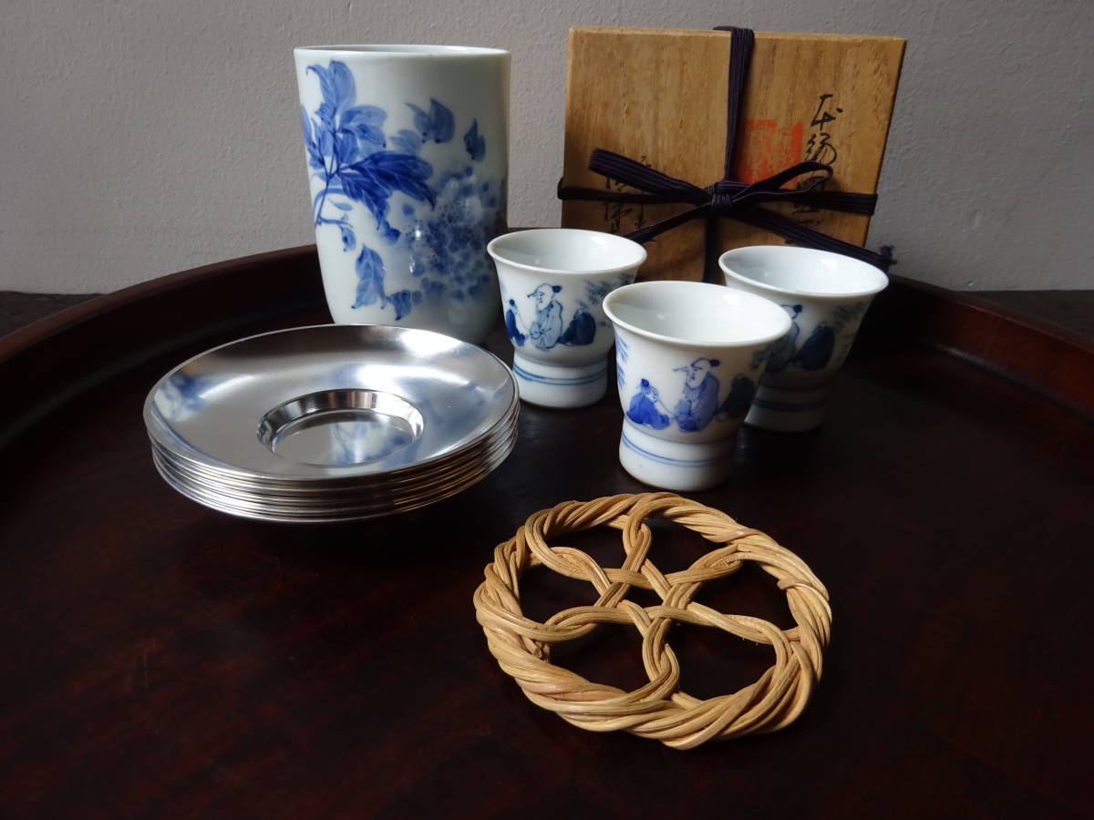 華中亭道八 牡丹図 湯呑 1客 竹軒 竹林人物図 湯呑 3客 籐編 輪繁紋