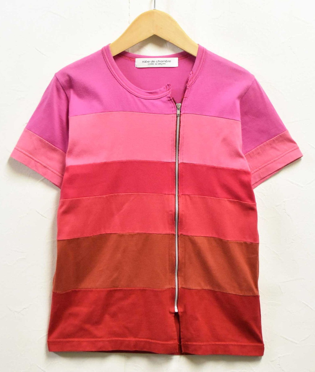 憧れの コム・デ・ギャルソン ローブドシャンブル 【AD2003】日本製 半袖Tシャツ レディースS～M相当(24414 ボーダー柄 フルジップ 半袖Ｔシャツ