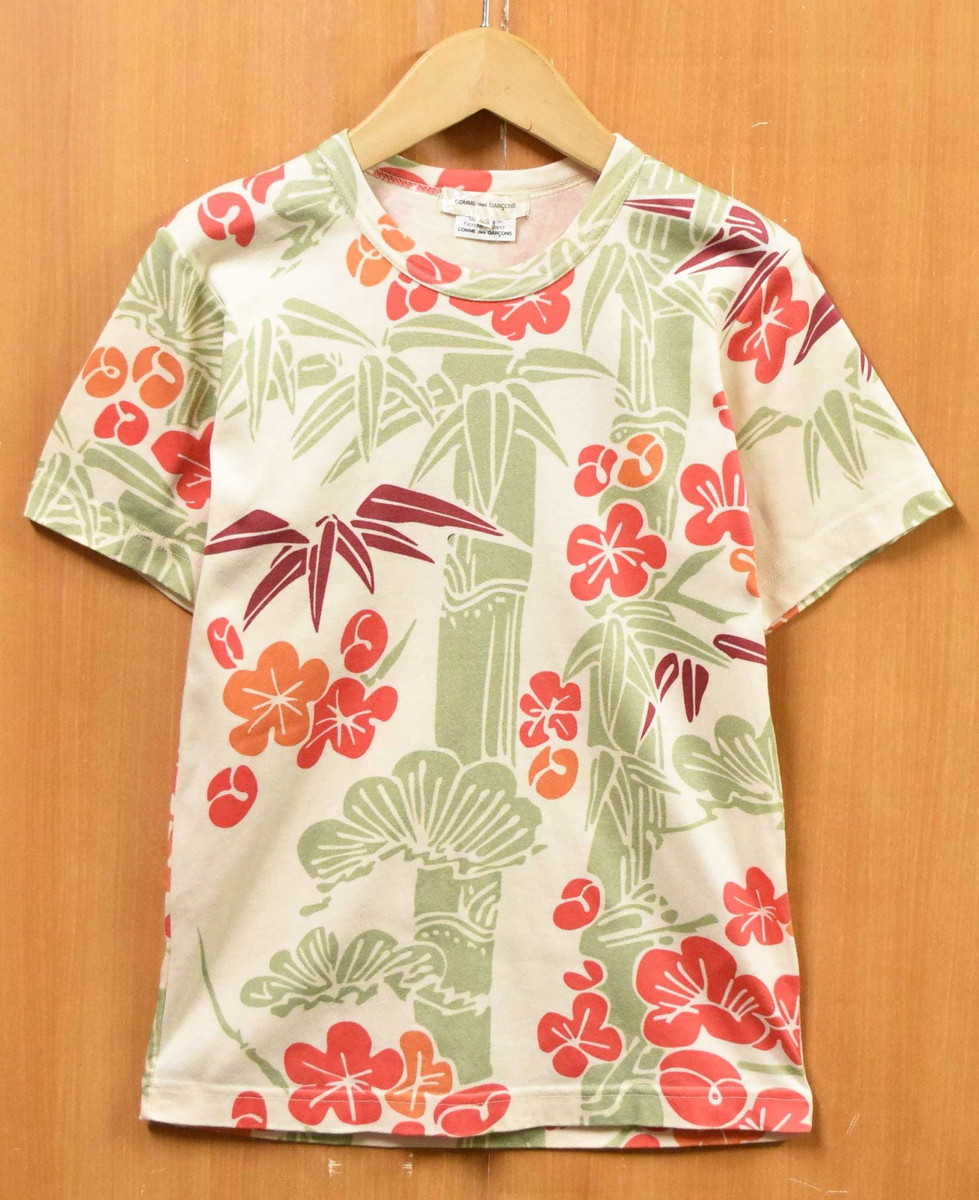 AD2005 日本製 コム・デ・ギャルソン 和柄 半袖Tシャツ アイボリー系×松竹梅 レディースXS(23327