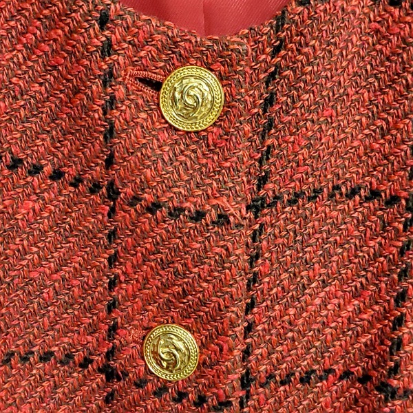 #wnc マダムジョコンダ MADAMJOCONDE スカートスーツ 赤 チェック ノーカラー ツーピース セットアップ シルク混 レディース [823570]_画像5