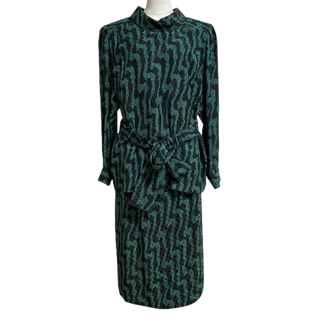 #anc レリアン Leilian スカートスーツ 13+ 黒 緑 シルク フランス製生地 バックジップ 巻きスカート 大きいサイズ レディース [821444]