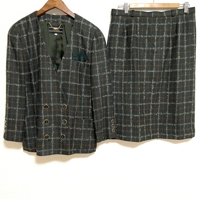 #wnc Leilian Leilian setup skirt suit 13+ deep green do-meru cloth check pattern large size lady's [821435]