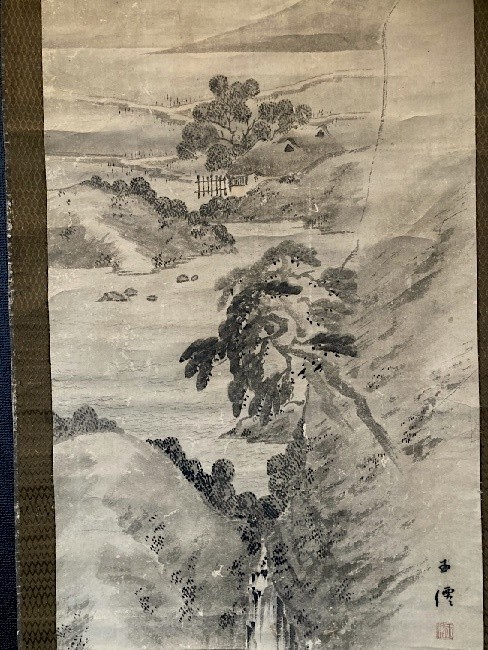 模写】石橋玉僊「水墨山水図」紙本箱付 川端玉章師事 青森の人 検)南画