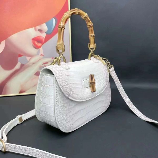 himalaya white! crocodile leather bamboo steering wheel wani leather lady's bag handbag shoulder bag Mini bag 2WAY