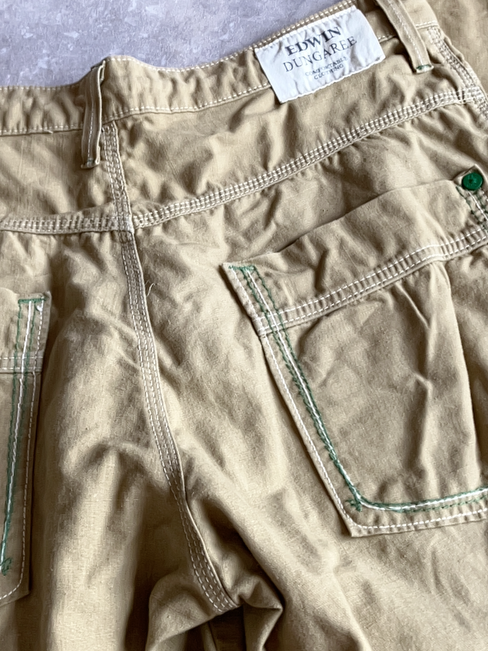 即決 サイズL エドウィン 春夏モデル EDWIN ダンガリー DANGAREE 717RS 日本制 MADE IN JAPAN バナナ繊維混 ロールアップ仕様 カーキ茶色