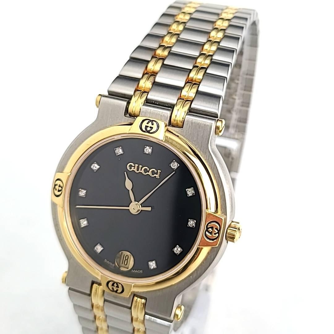 ☆【ほぼ新品】GUCCI グッチ 9000M SS×GP ブラック文字盤 クオーツ 11Pダイヤ ダイヤインデックス マルチカラー ユニセックスモデル