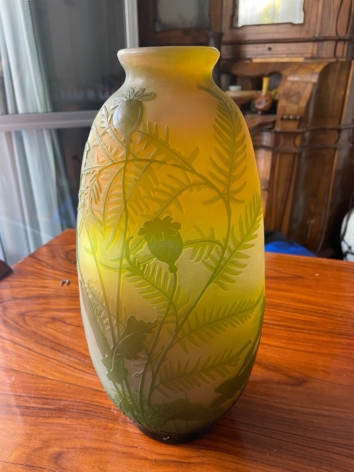 エミール・ガレ　躍動感ある花文アンティークガラス花瓶 35cm　本物