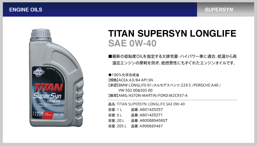 TITAN SUPERSYN LONGLIFE SAE 0W-40 5L FUCHS フックス オイル A602010773 エンジンオイル | 承認 BMW ベンツ ポルシェ_画像2