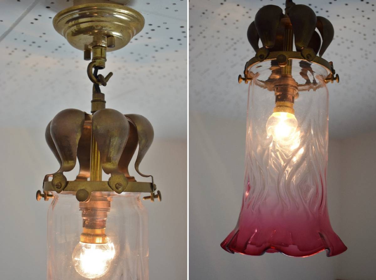 antique lamp　cranberry glass　古照明　アールヌーヴォー　ガラス　硝子　シェード　電傘　アンティーク　インテリア　釣り鐘型　フリル