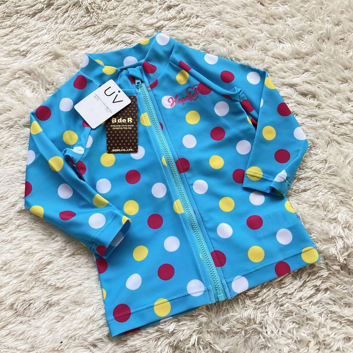  new goods unused bebe Bebe series BdeR Be der -ru dot long sleeve Rush Guard 80cm light blue girls blue swimsuit Zip up full Zip front opening 