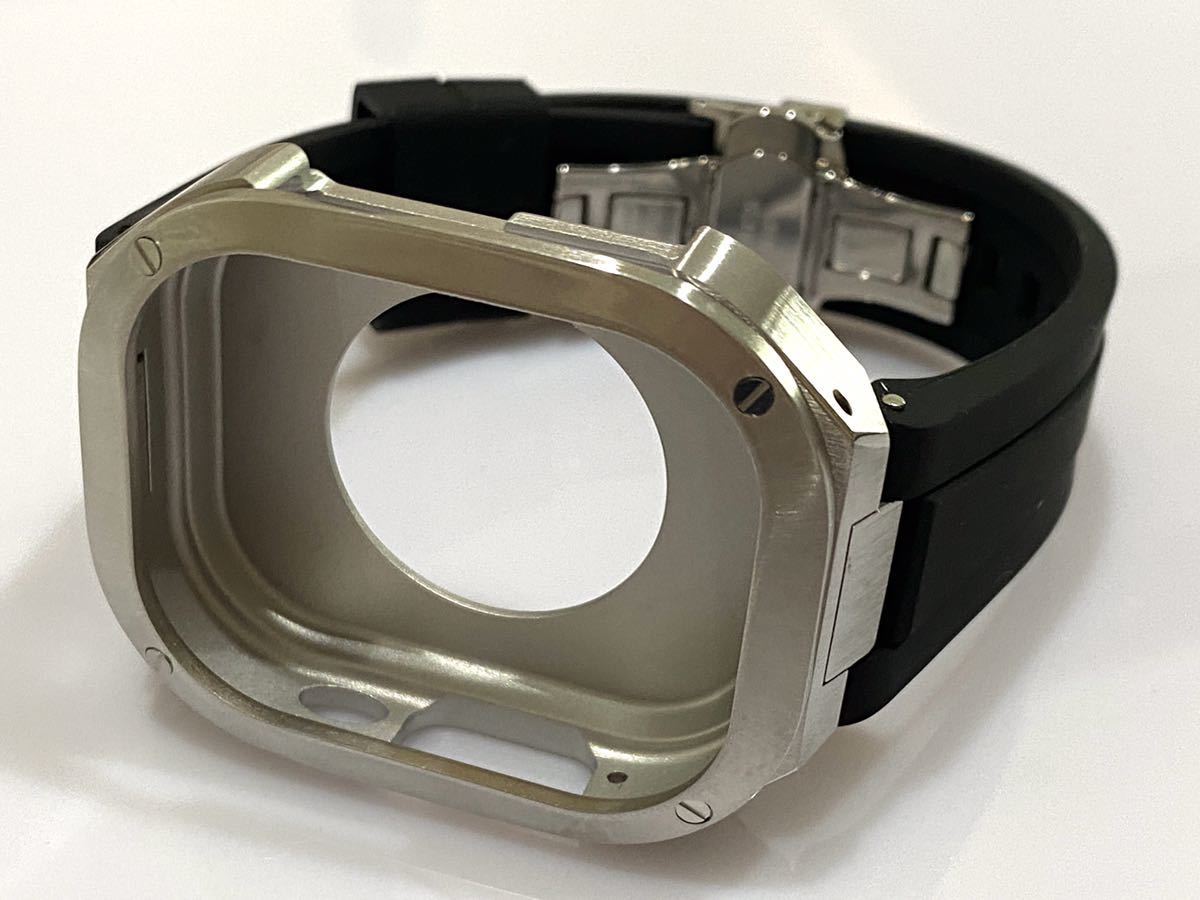 シルバーブラック★アップルウォッチバンド ラバーベルト カバー ステンレス Apple Watch ケース 49mm ウルトラ ultra メンズ レディースの画像2