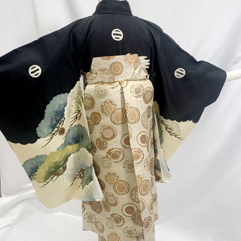 # The Seven-Five-Three Festival three -years old kimono & hakama & man's obi .... pine hawk embroidery # condition excellent 306ab88