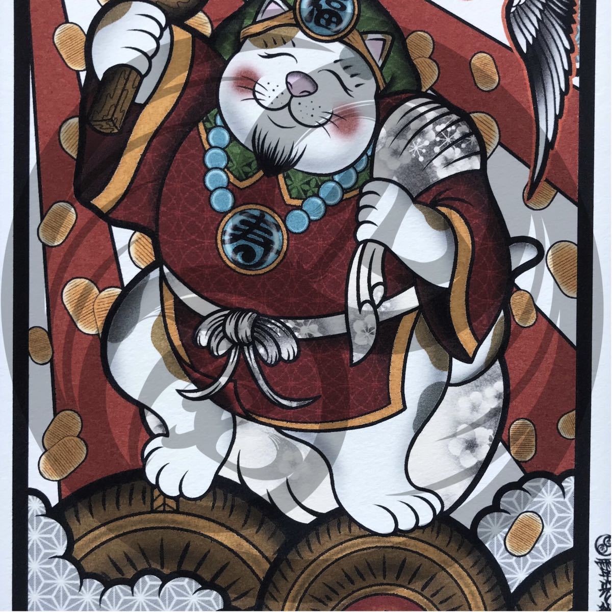  tail 9 better fortune .. up original illustration ... Seven Deities of Good Luck . luck cat Chan large black cat large black heaven large size small stamp strike ... small hammer A4 size white color amount entering 