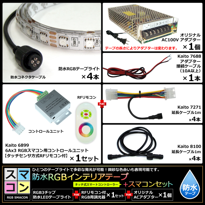 【スマコン300cm×4本セット】 防水RGBテープライト(RoHS対応) +RF調光器+対応アダプター付き_画像6