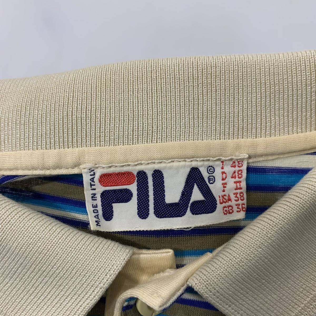 70s VINTAGE FILA Italy made polo-shirt with short sleeves border pattern finest quality Old cotton rare Vintage filler [ letter pack post service light mailing possible ]D