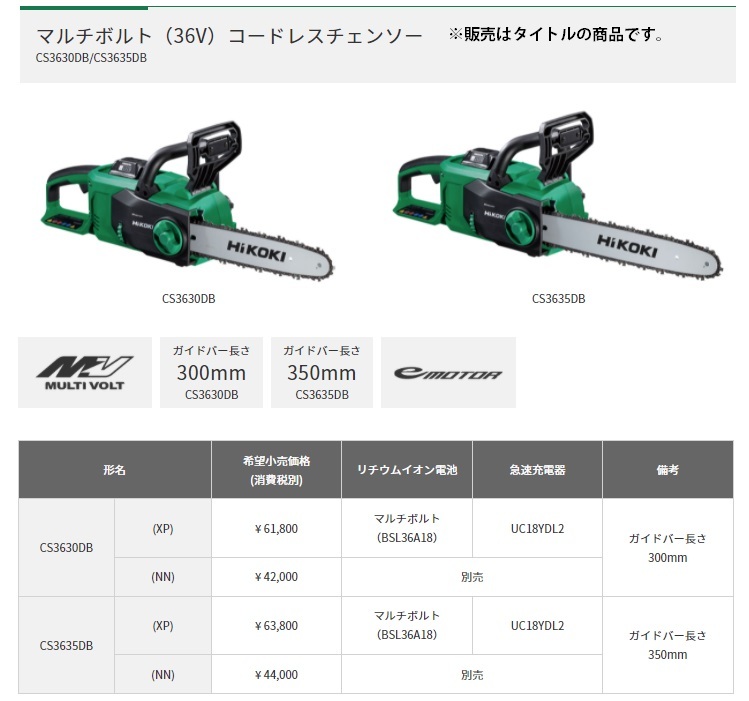 HiKOKI コードレスチェンソー CS3635DB(NN) 本体のみ ガイドバー長さ350mm 6V対応 ハイコーキ 日立_画像2