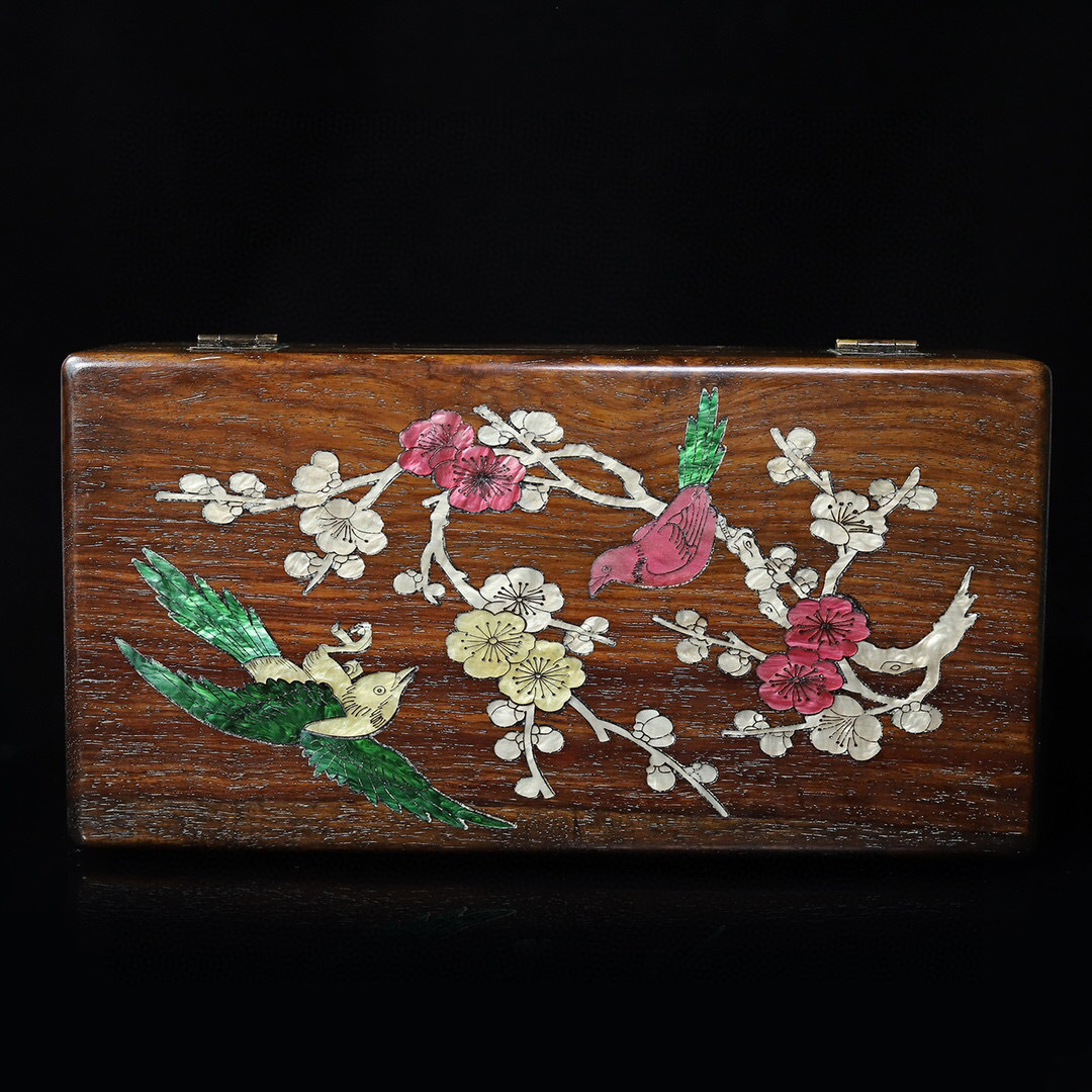 ▽鴻▽ 花梨木製 細密彫 貝殼嵌 花鳥紋 首飾盒 置物 古賞物 中国古玩 中国古美術