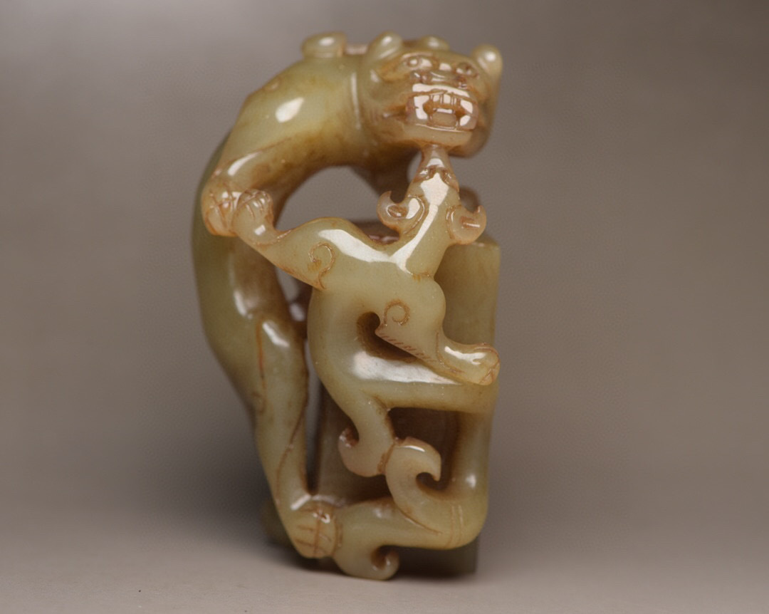 ▽鴻▽ 和田玉製 細密彫 龍鳳呈祥 根付 裝身具 置物 古賞物 中国古玩