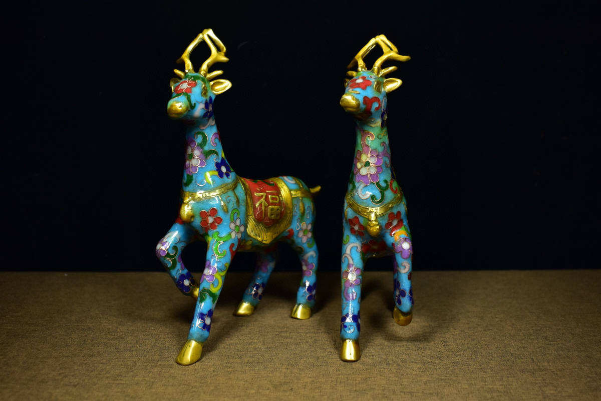 ▽鴻▽ 黄銅製 景泰藍 琺瑯彩 福鹿一對 置物 古賞物 中国古玩 中国古美術