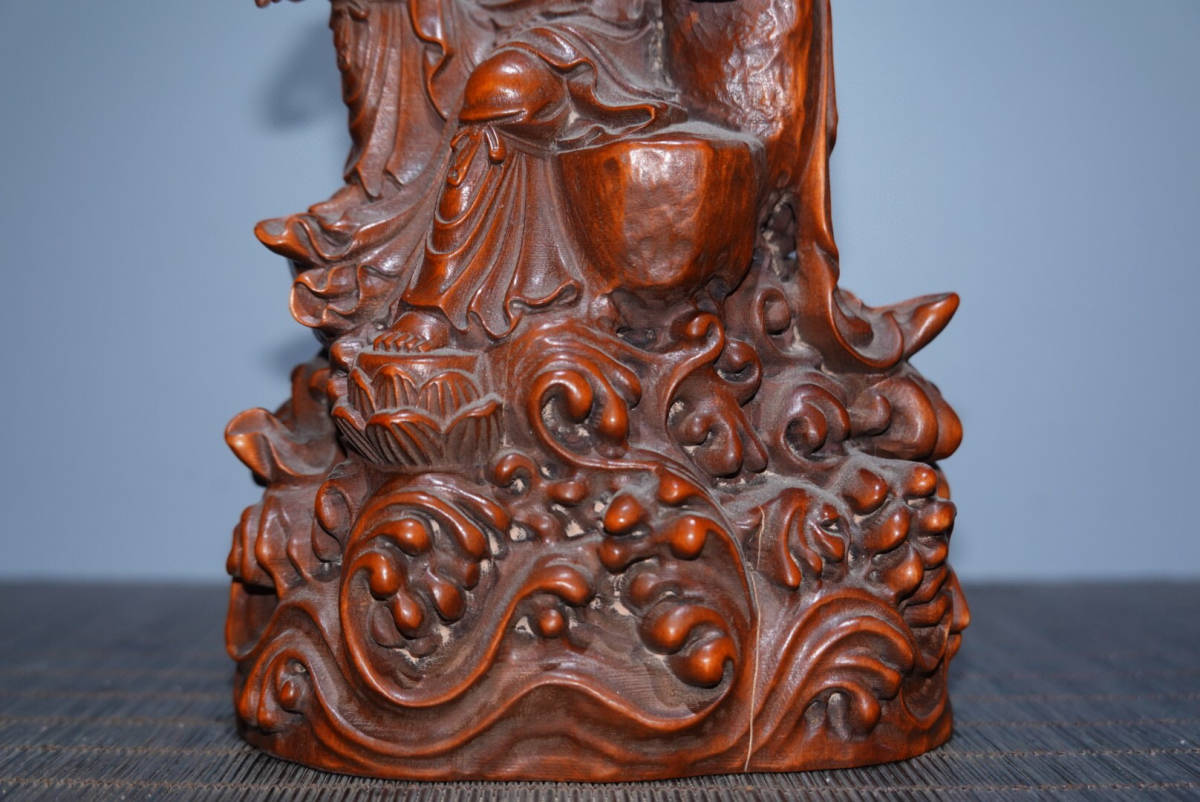 ▽鴻▽ 黄楊木製 細密彫 仏光自在觀音像 置物 古賞物 中国古玩 中国古美術-