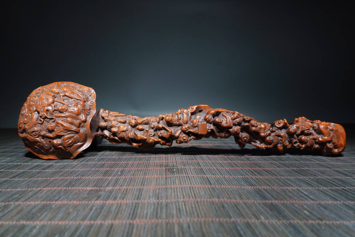 ▽鴻▽ 黄楊木製 細密彫 十八羅漢如意 置物 古賞物 中国古玩 中国古美術