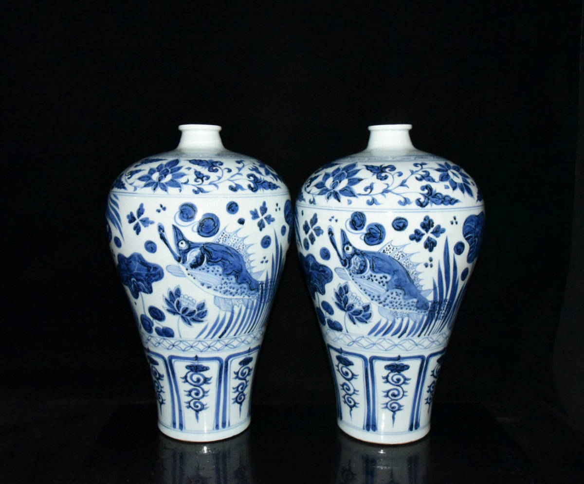 ▽鴻▽元 青花 魚草紋 梅瓶 古陶瓷品 置物 古賞物 中国古玩 中国古美術