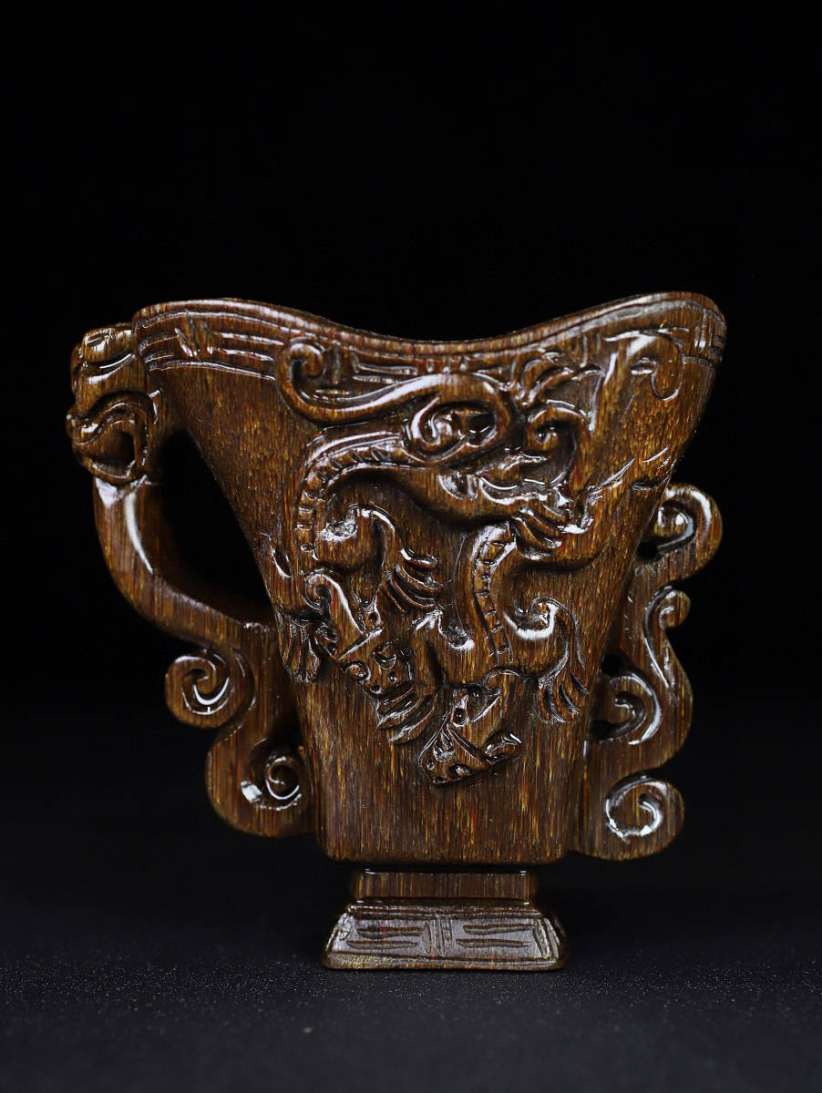 ▽鴻▽ 角材細密彫 龍杯 置物 古賞物 中国古玩 中国古美術