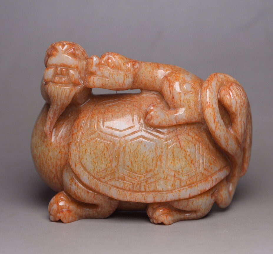 ▽鴻▽ 和田玉製 細密彫 龍龜 置物 古賞物 中国古玩 中国古美術