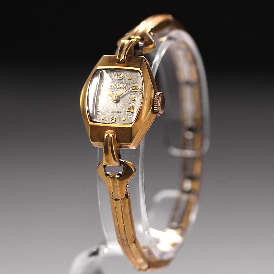 【開】20世紀中期頃 『エニカENICAR』 18K金無垢ケースギヨーシェ彫刻文字盤手巻17石腕時計レディース AC21