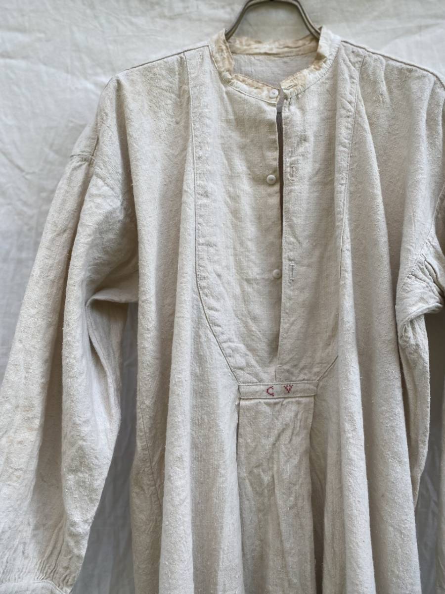 FRENCH ANTIQUE LINEN SMOG PULLOVER SHIRT フレンチ アンティーク リネン スモッグ シャツ 00s10s20s 細かいギャザー 重厚感 ガラス釦