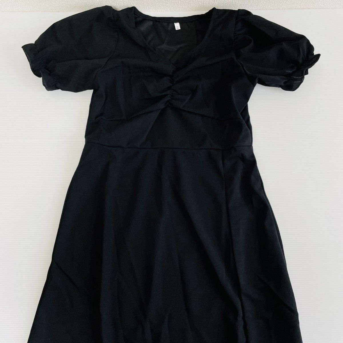 わけあり ワンピース L パフスリーブ 黒 ブラック 半袖 ドレス ミニ スリット 無地 お呼ばれ パーティー 1319