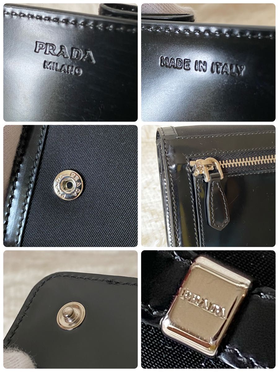 【PRADA】プラダ リボン付き長財布 エナメルレザー×ナイロン ブラック 上品でカッコ良くて美品です！