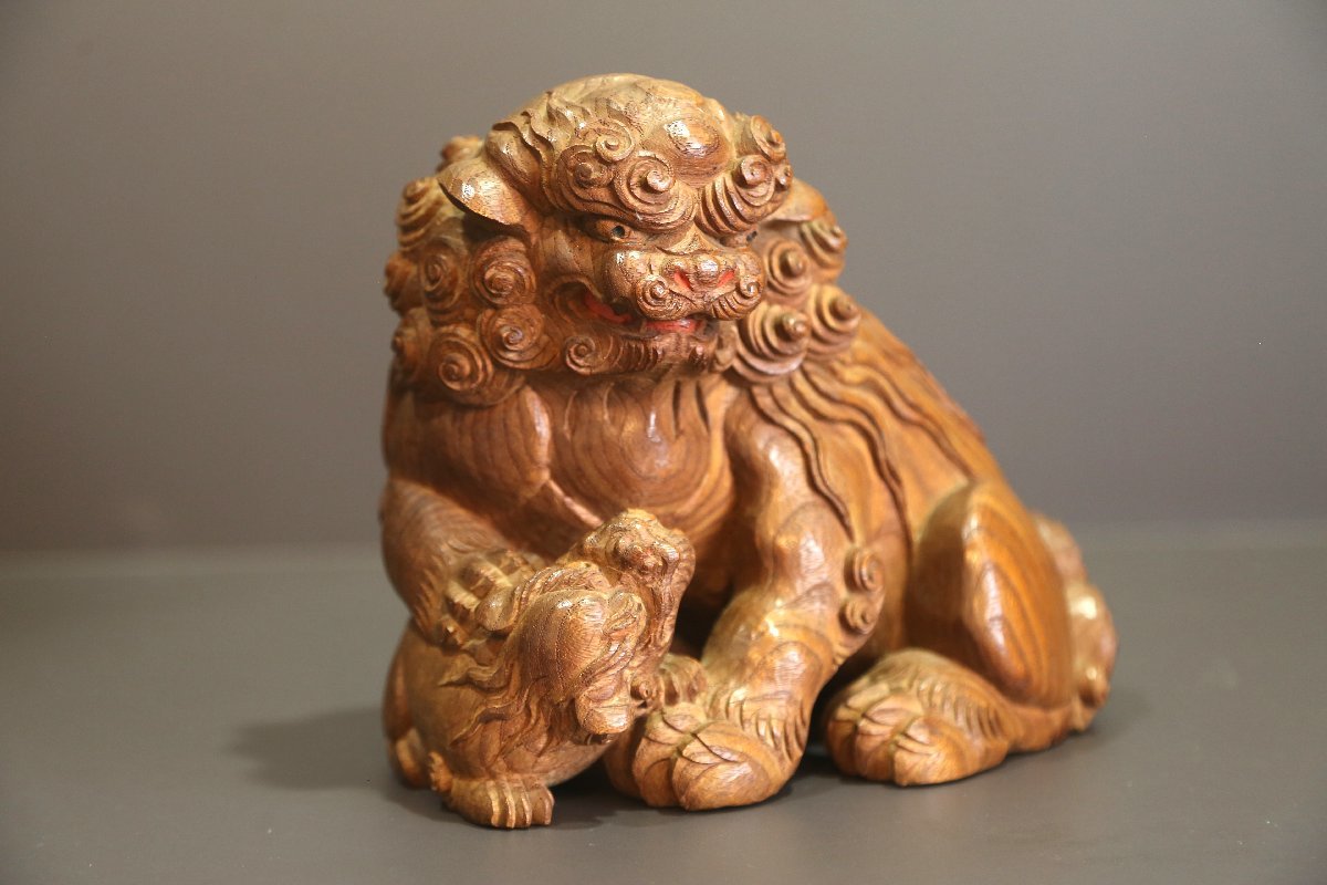 アンティーク 在銘 欅彫り 親子獅子 置物 | www.yaron.law