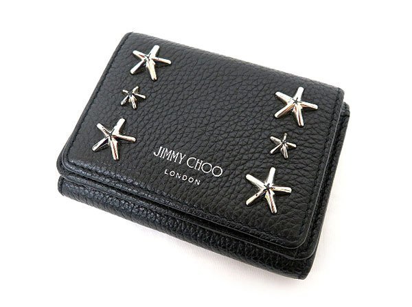 ●JIMMY CHOO ジミーチュウ スター202NEMO.UUF スタースタッズ 三つ折り財布 黒 BLACK 牛革 SOFT GRAINY CALF イタリア製 ITALY_画像1