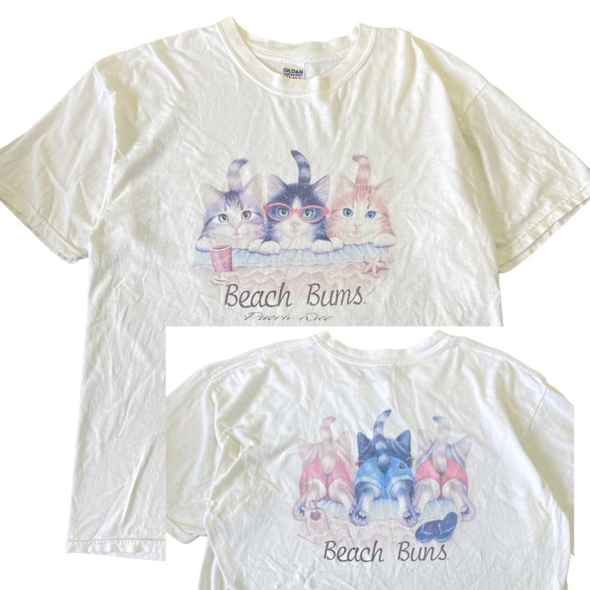 00s Beach Bums 猫 Tシャツ XL ホワイト 両面プリント アニマル ネコ Cat ペット 動物 ビーチ イラスト ヴィンテージ
