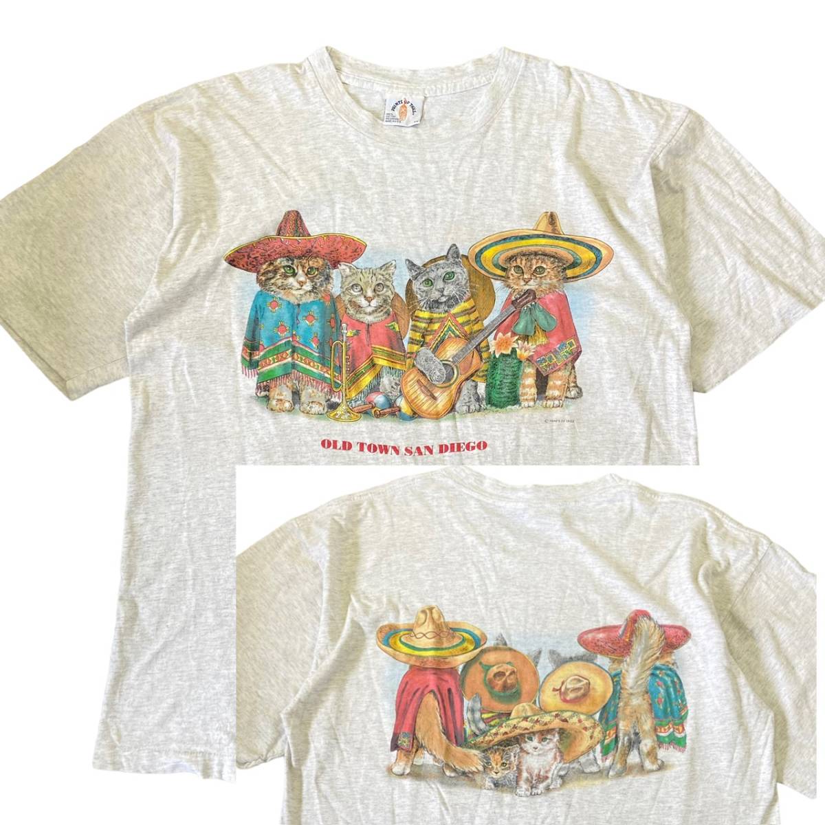 90s USA製 メキシカン 猫 Tシャツ XL グレー メキシコ 両面プリント アニマル ネコ Cat ペット 動物 サボテン イラスト ヴィンテージ