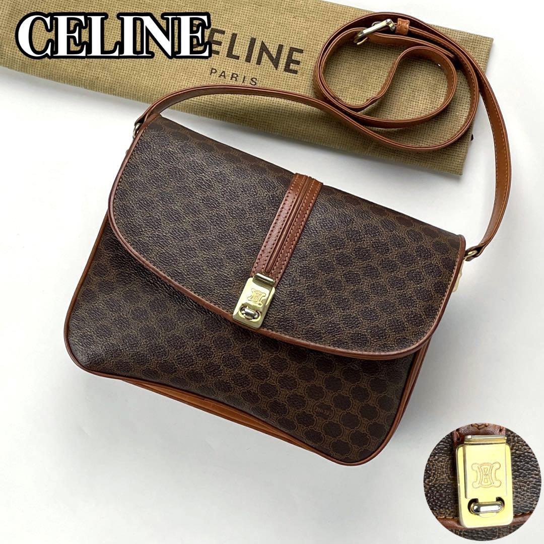 【極美品・希少】CELINE セリーヌ ショルダーバッグ ポシェット トリオンフ ゴールド金具 マカダム ブラゾン 男女兼用 斜め掛け PVC レザー