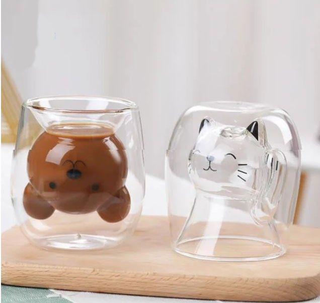 ダブルウォール グラス 2個セット ネコとクマ 水滴が付かないダブルウォール 熱湯を入れても熱くないグラス