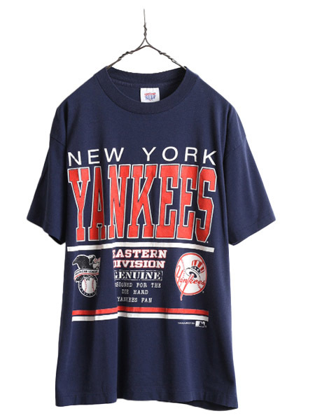 90s USA製 ■ MLB オフィシャル ヤンキース プリント 半袖 Tシャツ メンズ L / 古着 90年代 オールド 当時物 シングルステッチ 大リーグ 紺