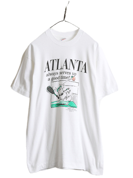 90s USA製 キャラクター イラスト プリント Tシャツ メンズ L 古着 90年代 アート アニマル 犬 メッセージ テニス シングルステッチ 白