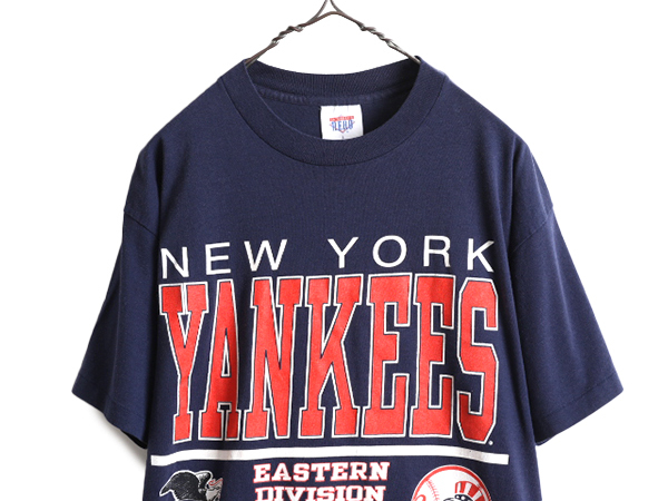 90s USA製 ■ MLB オフィシャル ヤンキース プリント 半袖 Tシャツ メンズ L / 古着 90年代 オールド 当時物 シングルステッチ 大リーグ 紺_画像2