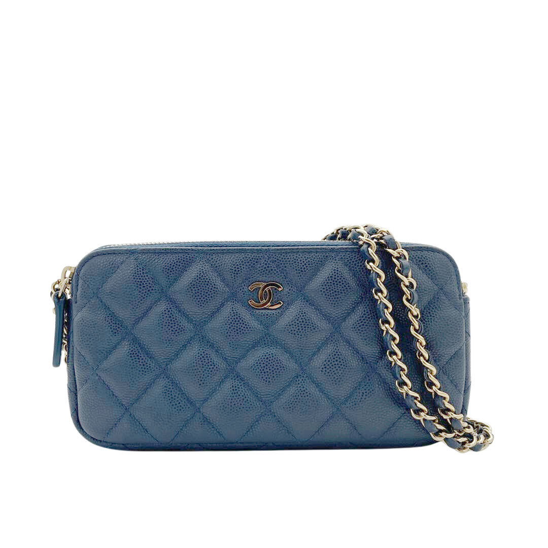 CHANEL シャネル マトラッセ 2WAY チェーンウォレット Wジップ長財布 ソフトキャビアスキン ブルー ゴールド金具 22番台_画像1